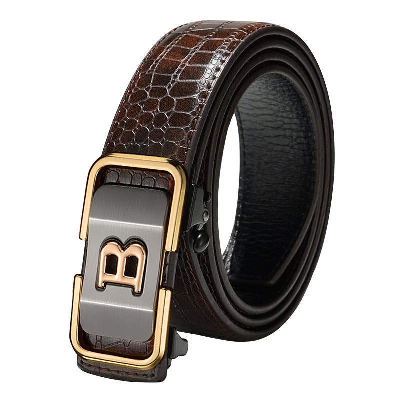Men's Automatic Buckle Leather Belt Brown Gold