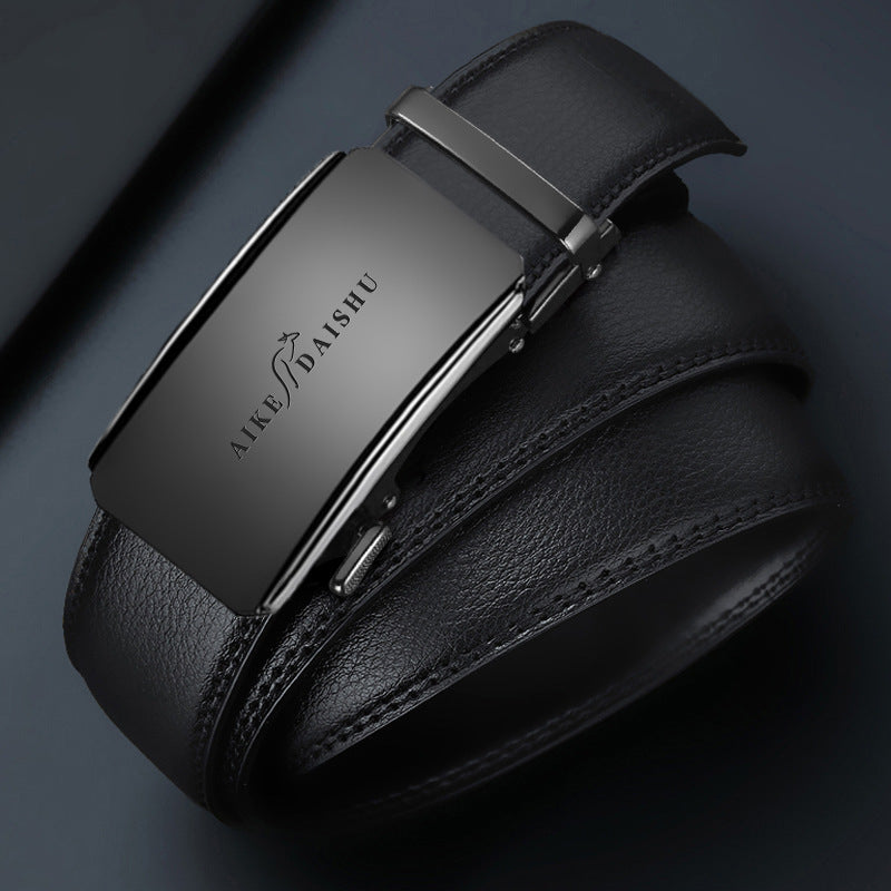 Men Black Leather Automatic Buckle Belt