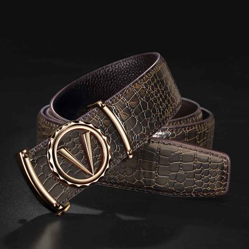 Men Crocodile Leather Belt Curry Gold Buckle Casual