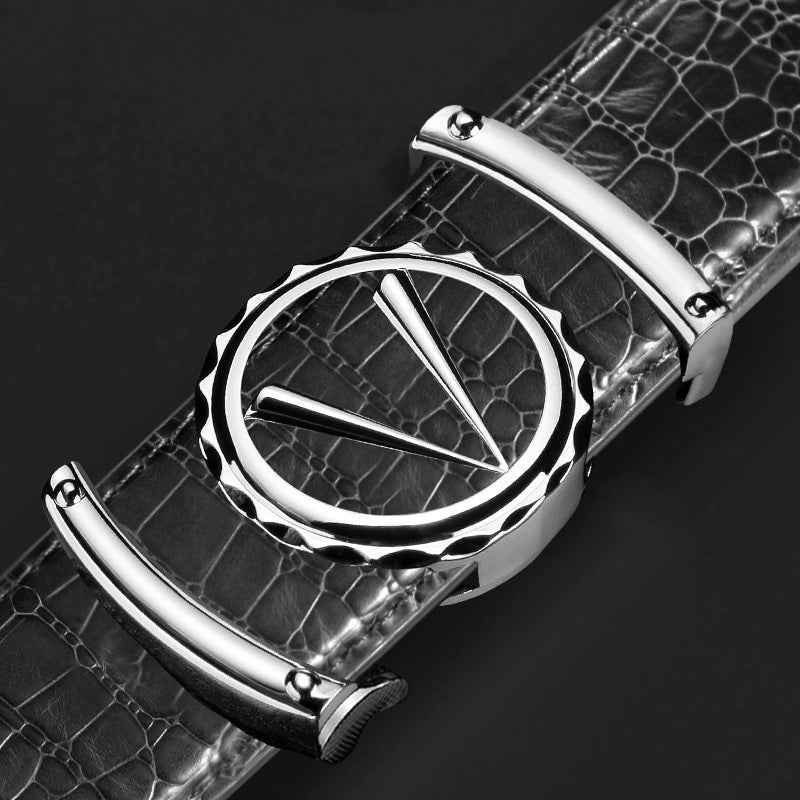 Men Crocodile Leather Belt Curry Gold Buckle Casual