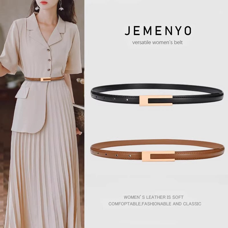 Women's Genuine Leather Belt Black Brown Thin Retro Casual Waist Belt