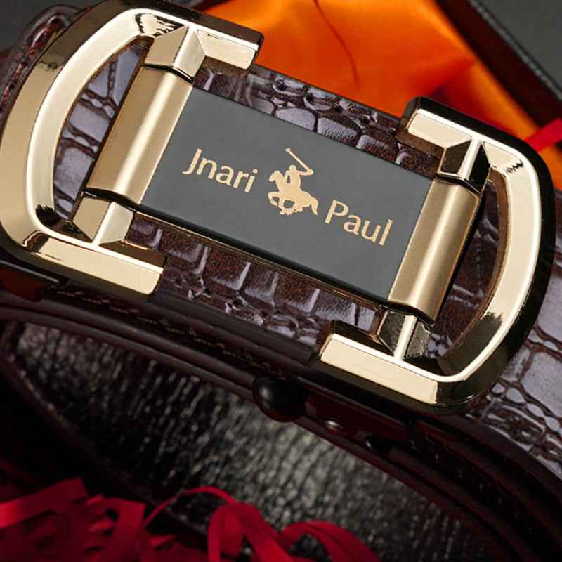Men Retro Leather Belt with Gold Automatic Buckle Brown Black