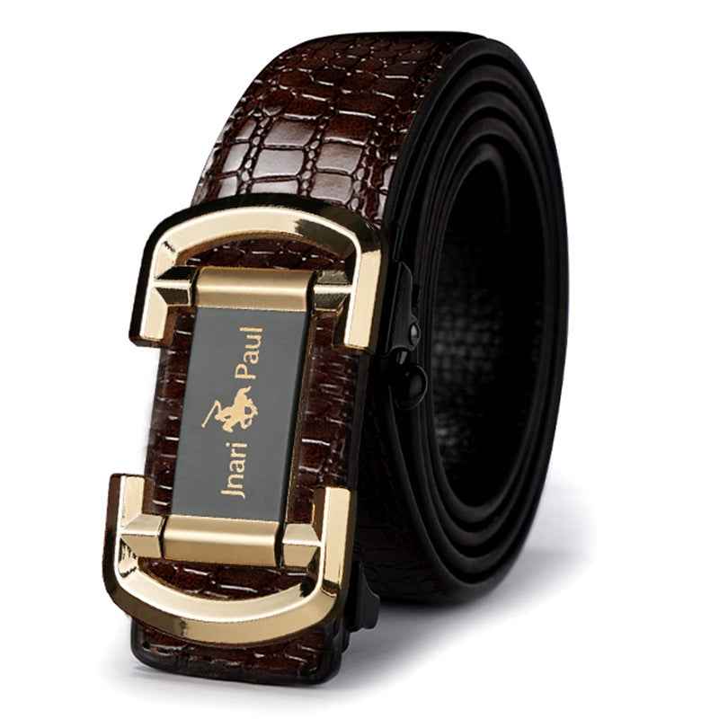 Men Retro Leather Belt with Gold Automatic Buckle Brown Black