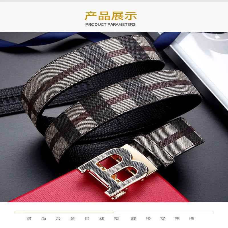 Men Genuine Leather Plaid Belt Gold Buckle Business Formal