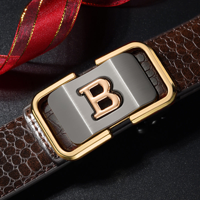 Men's Automatic Buckle Leather Belt Brown Gold