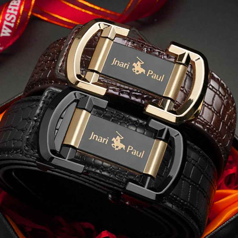 Men Retro Leather Belt with Gold Automatic Buckle Brown Black