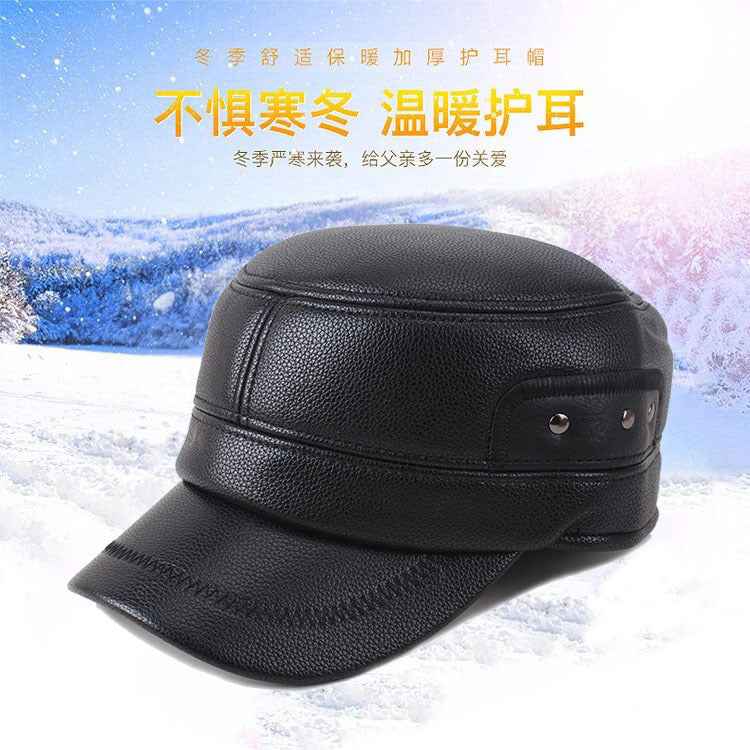 Men's Black Leather Cap with Ear Protection Winter Warm