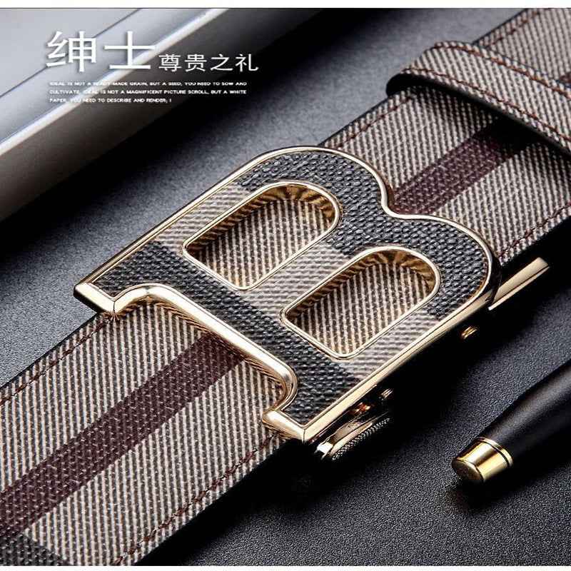 Men Genuine Leather Plaid Belt Gold Buckle Business Formal