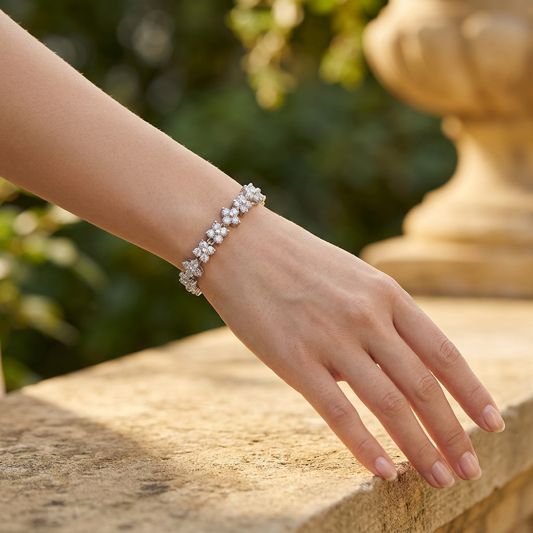 Silver Flower Bracelet for Women with Sparkling Stones