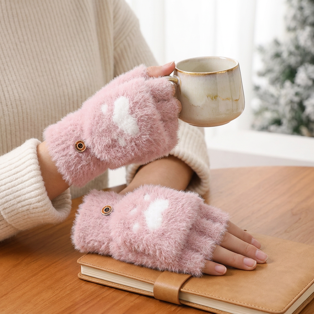 Women Wool Fingerless Gloves Pink Heart Design